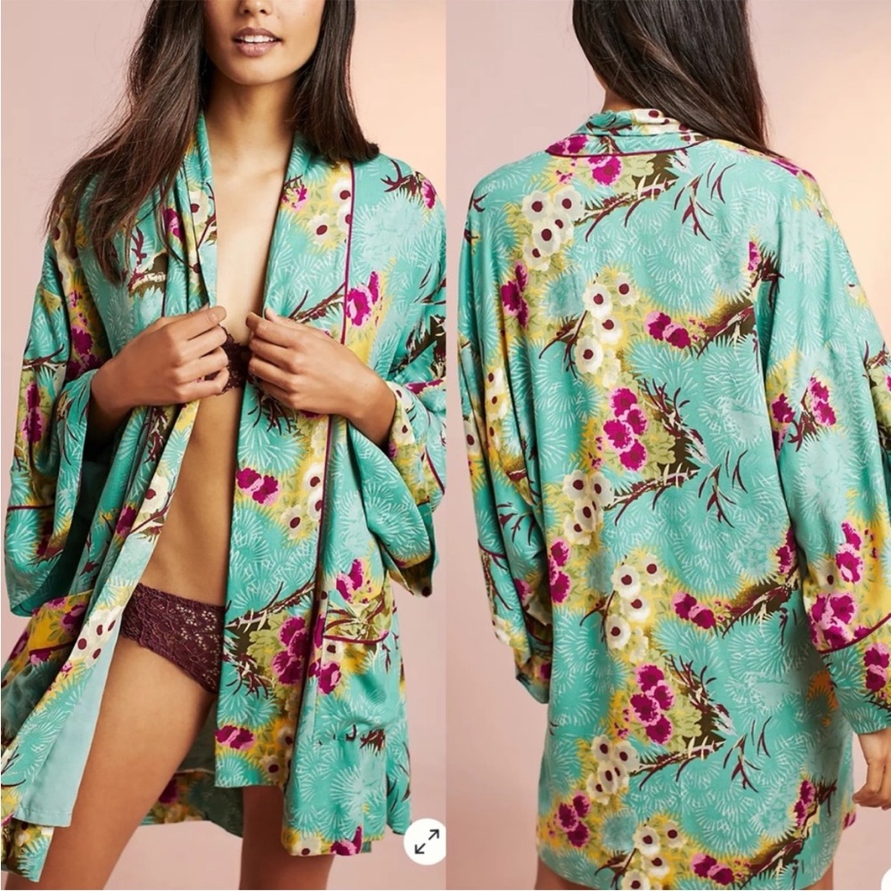 Anthropologie Aqua Floral Satin Kimono